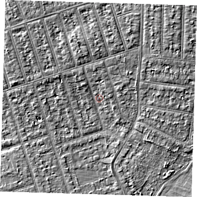 Shaded relief map of the ground around IG39NL, computed from Environment Agency LiDAR. The ground here sits at about 10 m above sea level and falls 6 m across the surrounding 800 m. Surface water reaching this point runs off ground lying to the north-north-east, 3.6 m higher.