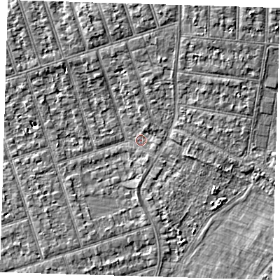 Shaded relief map of the ground around IG39NQ, computed from Environment Agency LiDAR. The ground here sits at about 9 m above sea level and falls 6 m across the surrounding 800 m. Surface water reaching this point runs off ground lying to the north-north-east, 4.6 m higher.