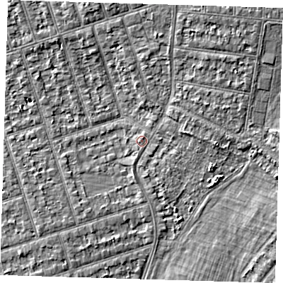Shaded relief map of the ground around IG39PX, computed from Environment Agency LiDAR. The ground here sits at about 9 m above sea level and falls 5 m across the surrounding 800 m. Surface water reaching this point runs off ground lying to the north-east, 0.6 m higher.