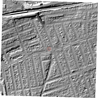 Shaded relief map of the ground around IG39TH, computed from Environment Agency LiDAR. The ground here sits at about 10 m above sea level and falls 9 m across the surrounding 800 m. Surface water reaching this point runs off ground lying to the north-north-west, 6.2 m higher.