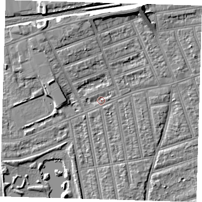 Shaded relief map of the ground around IG39TN, computed from Environment Agency LiDAR. The ground here sits at about 10 m above sea level and falls 9 m across the surrounding 800 m. Surface water reaching this point runs off ground lying to the north, 5.6 m higher.