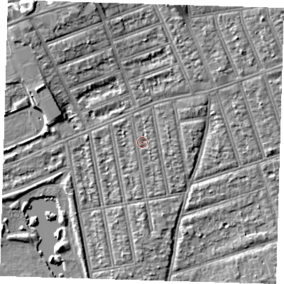 Shaded relief map of the ground around IG39XY, computed from Environment Agency LiDAR. The ground here sits at about 10 m above sea level and falls 8 m across the surrounding 800 m. Surface water reaching this point runs off ground lying to the north-north-east, 1.5 m higher.