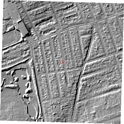 Shaded relief map of the ground around IG39XZ, computed from Environment Agency LiDAR. The ground here sits at about 10 m above sea level and falls 7 m across the surrounding 800 m. Surface water reaching this point runs off ground lying to the north-north-east, 1.6 m higher.