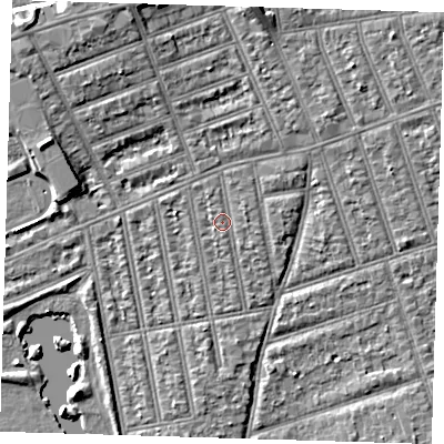 Shaded relief map of the ground around IG39YB, computed from Environment Agency LiDAR. The ground here sits at about 10 m above sea level and falls 8 m across the surrounding 800 m. Surface water reaching this point runs off ground lying to the east-north-east, 0.8 m higher.
