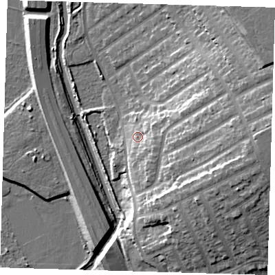 Shaded relief map of the ground around IG45PD, computed from Environment Agency LiDAR. The ground here sits at about 13 m above sea level and falls 22 m across the surrounding 800 m. Surface water reaching this point runs off ground lying to the east-south-east, 5.8 m higher.