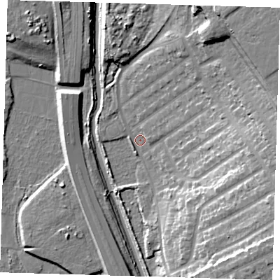 Shaded relief map of the ground around IG45PF, computed from Environment Agency LiDAR. The ground here sits at about 9 m above sea level and falls 22 m across the surrounding 800 m. Surface water reaching this point runs off ground lying to the north-east, 21.0 m higher.