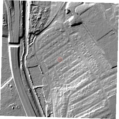 Shaded relief map of the ground around IG45PH, computed from Environment Agency LiDAR. The ground here sits at about 12 m above sea level and falls 24 m across the surrounding 800 m. Surface water reaching this point runs off ground lying to the east-south-east, 13.4 m higher.