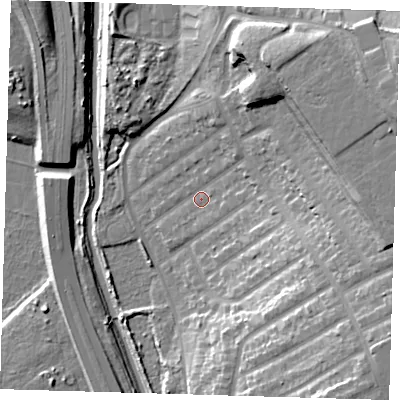 Shaded relief map of the ground around IG45PJ, computed from Environment Agency LiDAR. The ground here sits at about 11 m above sea level and falls 24 m across the surrounding 800 m. Surface water reaching this point runs off ground lying to the east-north-east, 19.6 m higher.