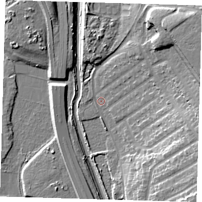 Shaded relief map of the ground around IG45PL, computed from Environment Agency LiDAR. The ground here sits at about 9 m above sea level and falls 22 m across the surrounding 800 m. Surface water reaching this point runs off ground lying to the north-east, 20.9 m higher.