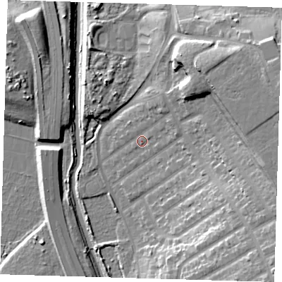 Shaded relief map of the ground around IG45PN, computed from Environment Agency LiDAR. The ground here sits at about 12 m above sea level and falls 23 m across the surrounding 800 m. Surface water reaching this point runs off ground lying to the north-east, 14.6 m higher.
