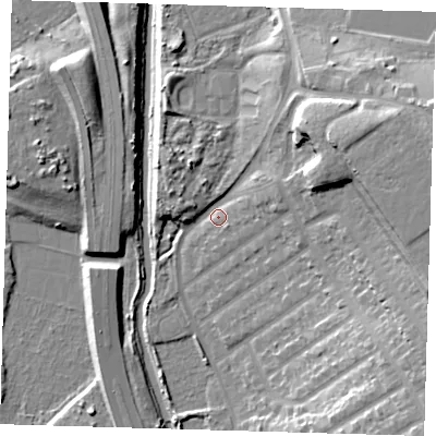Shaded relief map of the ground around IG45PP, computed from Environment Agency LiDAR. The ground here sits at about 11 m above sea level and falls 22 m across the surrounding 800 m. Surface water reaching this point runs off ground lying to the east-north-east, 18.9 m higher.