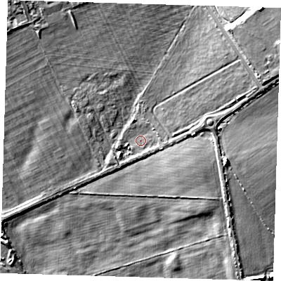 Shaded relief map of the ground around IG63HW, computed from Environment Agency LiDAR. The ground here sits at about 33 m above sea level and falls 12 m across the surrounding 800 m. Surface water reaching this point runs off ground lying to the east, 1.5 m higher.