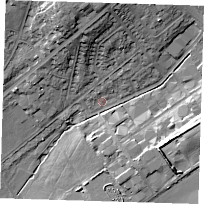 Shaded relief map of the ground around IG63SR, computed from Environment Agency LiDAR. The ground here sits at about 40 m above sea level and falls 22 m across the surrounding 800 m. Surface water reaching this point runs off ground lying to the north, 16.1 m higher.
