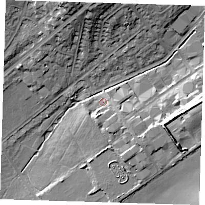 Shaded relief map of the ground around IG63UG, computed from Environment Agency LiDAR. The ground here sits at about 41 m above sea level and falls 22 m across the surrounding 800 m. Surface water reaching this point runs off ground lying to the south-east, 5.0 m higher.