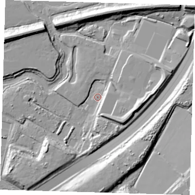 Shaded relief map of the ground around IG75AA, computed from Environment Agency LiDAR. The ground here sits at about 16 m above sea level and falls 22 m across the surrounding 800 m. Surface water reaching this point runs off ground lying to the east, 14.2 m higher.