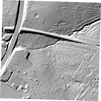 Shaded relief map of the ground around IG75AZ, computed from Environment Agency LiDAR. The ground here sits at about 25 m above sea level and falls 31 m across the surrounding 800 m. Surface water reaching this point runs off ground lying to the east-south-east, 21.3 m higher.