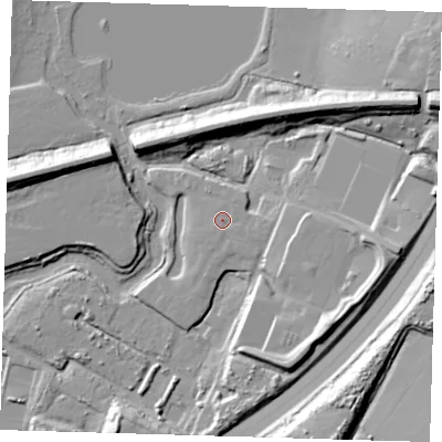 Shaded relief map of the ground around IG75DF, computed from Environment Agency LiDAR. The ground here sits at about 18 m above sea level and falls 20 m across the surrounding 800 m. Surface water reaching this point runs off ground lying to the east-south-east, 0.7 m higher.