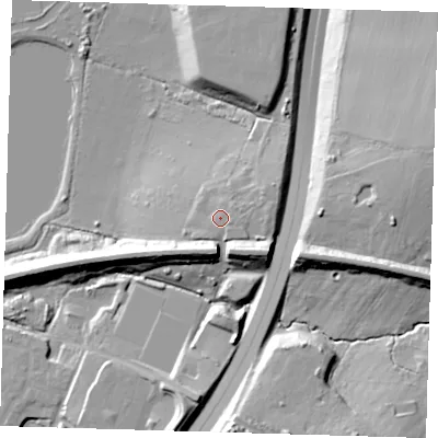 Shaded relief map of the ground around IG76BJ, computed from Environment Agency LiDAR. The ground here sits at about 24 m above sea level and falls 24 m across the surrounding 800 m. Surface water reaching this point runs off ground lying to the east-north-east, 2.6 m higher.