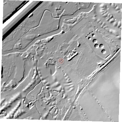 Shaded relief map of the ground around IG76BX, computed from Environment Agency LiDAR. The ground here sits at about 22 m above sea level and falls 29 m across the surrounding 800 m. Surface water reaching this point runs off ground lying to the south-east, 24.9 m higher.