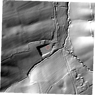 Shaded relief map of the ground around IG76DQ, computed from Environment Agency LiDAR. The ground here sits at about 41 m above sea level and falls 32 m across the surrounding 800 m. Surface water reaching this point runs off ground lying to the west, 24.3 m higher.