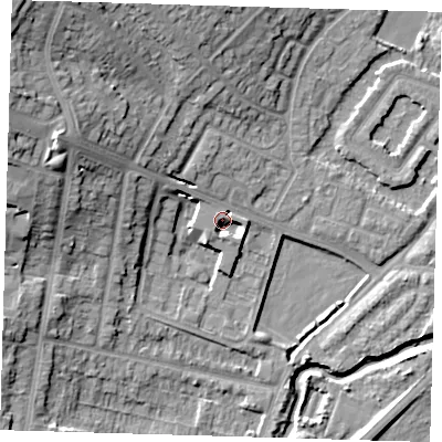 Shaded relief map of the ground around IG80AG, computed from Environment Agency LiDAR. The ground here sits at about 14 m above sea level and falls 21 m across the surrounding 800 m. Surface water reaching this point runs off ground lying to the north, 3.1 m higher.