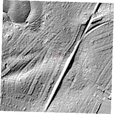Shaded relief map of the ground around IG80JL, computed from Environment Agency LiDAR. The ground here sits at about 26 m above sea level and falls 36 m across the surrounding 800 m. Surface water reaching this point runs off ground lying to the west-south-west, 25.7 m higher.