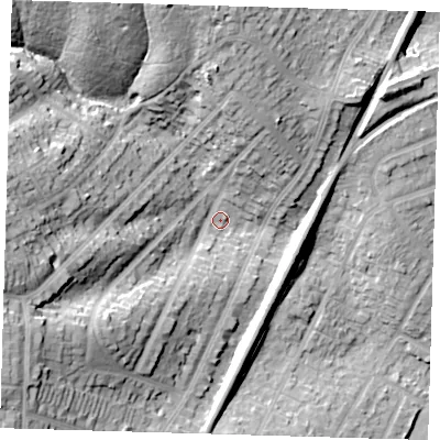 Shaded relief map of the ground around IG80JP, computed from Environment Agency LiDAR. The ground here sits at about 28 m above sea level and falls 35 m across the surrounding 800 m. Surface water reaching this point runs off ground lying to the south-west, 26.2 m higher.