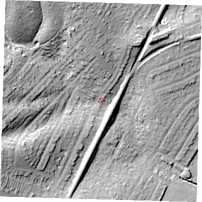 Shaded relief map of the ground around IG80JQ, computed from Environment Agency LiDAR. The ground here sits at about 28 m above sea level and falls 37 m across the surrounding 800 m. Surface water reaching this point runs off ground lying to the west-south-west, 23.2 m higher.