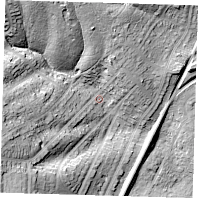 Shaded relief map of the ground around IG80LP, computed from Environment Agency LiDAR. The ground here sits at about 31 m above sea level and falls 41 m across the surrounding 800 m. Surface water reaching this point runs off ground lying to the north-west, 31.6 m higher.