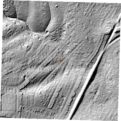 Shaded relief map of the ground around IG80LT, computed from Environment Agency LiDAR. The ground here sits at about 32 m above sea level and falls 38 m across the surrounding 800 m. Surface water reaching this point runs off ground lying to the west-south-west, 31.4 m higher.