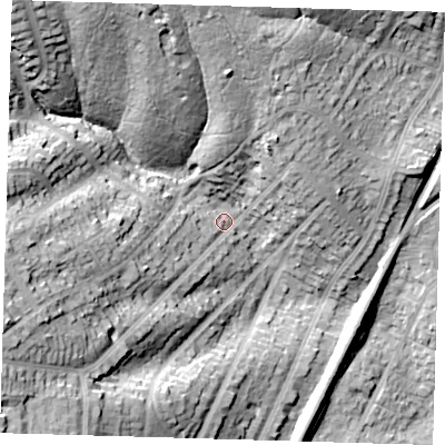 Shaded relief map of the ground around IG80LW, computed from Environment Agency LiDAR. The ground here sits at about 34 m above sea level and falls 43 m across the surrounding 800 m. Surface water reaching this point runs off ground lying to the north-west, 32.1 m higher.