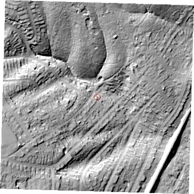 Shaded relief map of the ground around IG80NW, computed from Environment Agency LiDAR. The ground here sits at about 37 m above sea level and falls 42 m across the surrounding 800 m. Surface water reaching this point runs off ground lying to the west-south-west, 13.1 m higher.