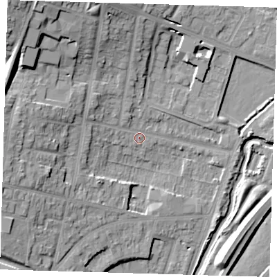 Shaded relief map of the ground around IG87AA, computed from Environment Agency LiDAR. The ground here sits at about 13 m above sea level and falls 22 m across the surrounding 800 m. Surface water reaching this point runs off ground lying to the north-west, 18.8 m higher.