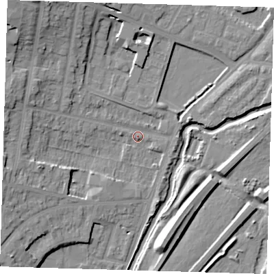Shaded relief map of the ground around IG87AB, computed from Environment Agency LiDAR. The ground here sits at about 12 m above sea level and falls 16 m across the surrounding 800 m. Surface water reaching this point runs off ground lying to the west-south-west, 10.4 m higher.