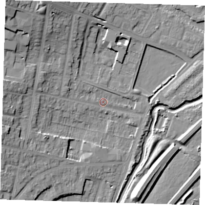 Shaded relief map of the ground around IG87AD, computed from Environment Agency LiDAR. The ground here sits at about 13 m above sea level and falls 20 m across the surrounding 800 m. Surface water reaching this point runs off ground lying to the north-west, 17.5 m higher.