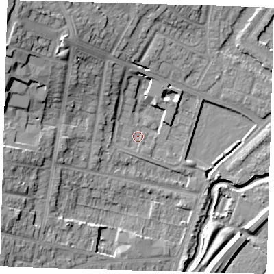 Shaded relief map of the ground around IG87BA, computed from Environment Agency LiDAR. The ground here sits at about 13 m above sea level and falls 22 m across the surrounding 800 m. Surface water reaching this point runs off ground lying to the north-north-west, 6.7 m higher.