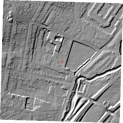 Shaded relief map of the ground around IG87BD, computed from Environment Agency LiDAR. The ground here sits at about 12 m above sea level and falls 18 m across the surrounding 800 m. Surface water reaching this point runs off ground lying to the north-west, 9.2 m higher.