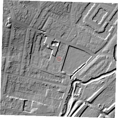 Shaded relief map of the ground around IG87BE, computed from Environment Agency LiDAR. The ground here sits at about 12 m above sea level and falls 17 m across the surrounding 800 m. Surface water reaching this point runs off ground lying to the north-west, 9.2 m higher.