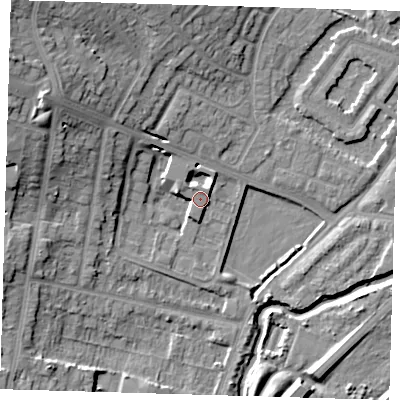 Shaded relief map of the ground around IG87BF, computed from Environment Agency LiDAR. The ground here sits at about 14 m above sea level and falls 19 m across the surrounding 800 m. Surface water reaching this point runs off ground lying to the north-west, 9.2 m higher.