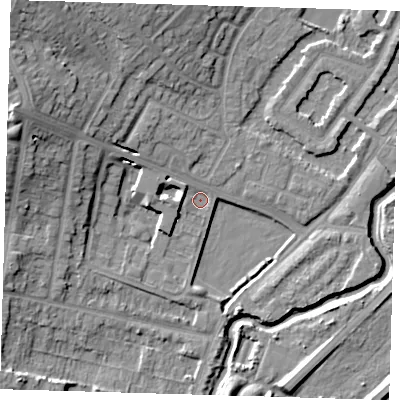 Shaded relief map of the ground around IG87BG, computed from Environment Agency LiDAR. The ground here sits at about 13 m above sea level and falls 18 m across the surrounding 800 m. Surface water reaching this point runs off ground lying to the west-north-west, 5.1 m higher.