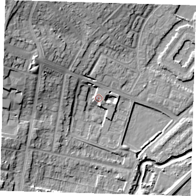 Shaded relief map of the ground around IG87BJ, computed from Environment Agency LiDAR. The ground here sits at about 15 m above sea level and falls 22 m across the surrounding 800 m. Surface water reaching this point runs off ground lying to the north-west, 8.4 m higher.