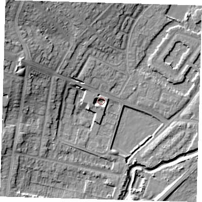 Shaded relief map of the ground around IG87BN, computed from Environment Agency LiDAR. The ground here sits at about 12 m above sea level and falls 20 m across the surrounding 800 m. Surface water reaching this point runs off ground lying to the west-north-west, 3.1 m higher.