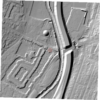 Shaded relief map of the ground around IG87JL, computed from Environment Agency LiDAR. The ground here sits at about 13 m above sea level and falls 12 m across the surrounding 800 m. Surface water reaching this point runs off ground lying to the east-south-east, 5.0 m higher.