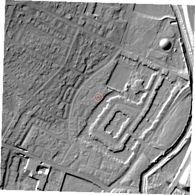 Shaded relief map of the ground around IG87JP, computed from Environment Agency LiDAR. The ground here sits at about 13 m above sea level and falls 22 m across the surrounding 800 m. Surface water reaching this point runs off ground lying to the west, 2.6 m higher.