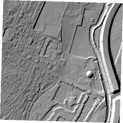 Shaded relief map of the ground around IG87JQ, computed from Environment Agency LiDAR. The ground here sits at about 15 m above sea level and falls 23 m across the surrounding 800 m. Surface water reaching this point runs off ground lying to the west-north-west, 13.9 m higher.