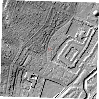 Shaded relief map of the ground around IG87JR, computed from Environment Agency LiDAR. The ground here sits at about 14 m above sea level and falls 21 m across the surrounding 800 m. Surface water reaching this point runs off ground lying to the west-north-west, 6.4 m higher.