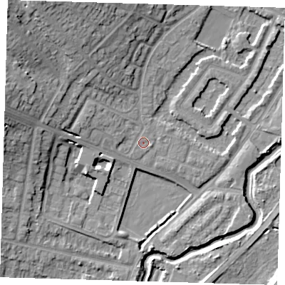 Shaded relief map of the ground around IG87JS, computed from Environment Agency LiDAR. The ground here sits at about 13 m above sea level and falls 17 m across the surrounding 800 m. Surface water reaching this point runs off ground lying to the west-north-west, 3.7 m higher.