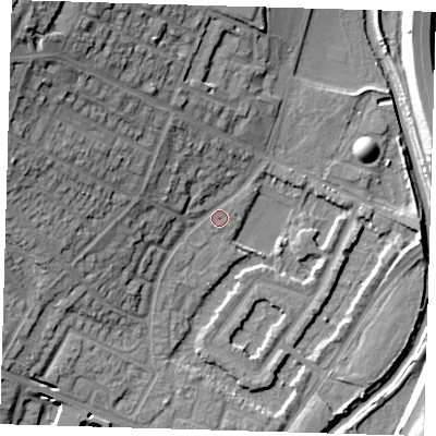 Shaded relief map of the ground around IG87JW, computed from Environment Agency LiDAR. The ground here sits at about 14 m above sea level and falls 24 m across the surrounding 800 m. Surface water reaching this point runs off ground lying to the north-west, 18.4 m higher.