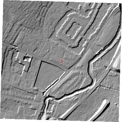 Shaded relief map of the ground around IG87LD, computed from Environment Agency LiDAR. The ground here sits at about 13 m above sea level and falls 13 m across the surrounding 800 m. Surface water reaching this point runs off ground lying to the north, 0.5 m higher.