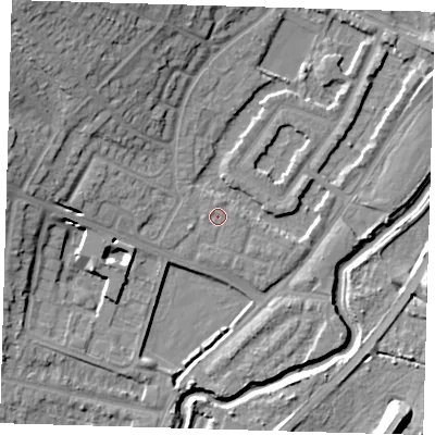 Shaded relief map of the ground around IG87LE, computed from Environment Agency LiDAR. The ground here sits at about 13 m above sea level and falls 16 m across the surrounding 800 m. Surface water reaching this point runs off ground lying to the north, 0.6 m higher.